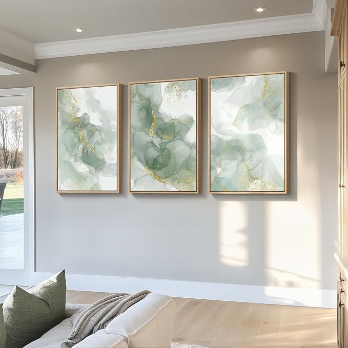 Large Framed Sage Green Abstract Wall Art for Living Room, 3 Piece 24x36 In | Green and gold pictures, Canvas prints, Modern minimalist painting, Artwork for walls, Wall decor for hallway stairway office