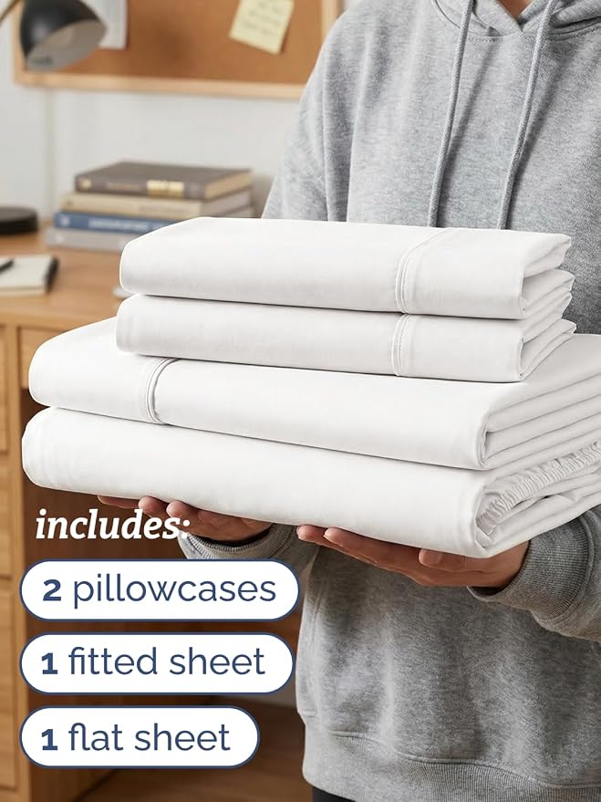 Twin XL 4 Piece Sheet Set - College Dorm Room Essentials - Antique White | Ultra Soft Dorm Bedding Set, 8" to 16" Inch Deep Pockets, 1 Flat & 1 Fitted Sheet & 2 Pillowcases, Wrinkle & Fade Free