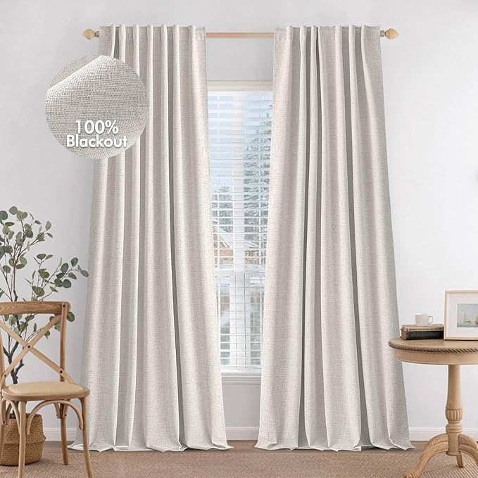 MIULEE 100% Blackout Curtains 96 inches Long Linen Curtains & Drapes for Bedroom Back Tab Room Darkening Full Black Out Window Curtain Panels Rod Pocket, Beige, 2 Panels Set | 2 Panels, Full Black Out, Thermal Insulated, Room Darkening Window Curtains ...