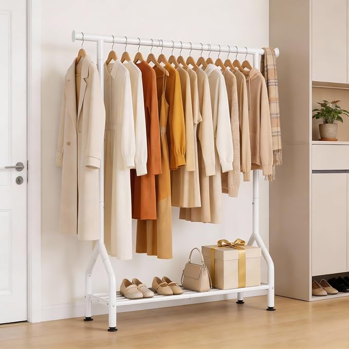 Sturdy Clothing Racks with Shelf, Metal Clothes Rack with Leveling Feet for Hanging Clothes, Freestanding Garment Coat Rack for Bedroom, Apartment & Small Spaces, White