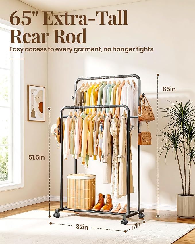 Delamu Clothes Rack Double Rods, Black, 65''Hx32''W | Clothing Racks for Hanging Clothes With Rolling Wheels, Hooks, Metal Garment Rack, Portable Wardrobe, With Shelfs,for Bedroom