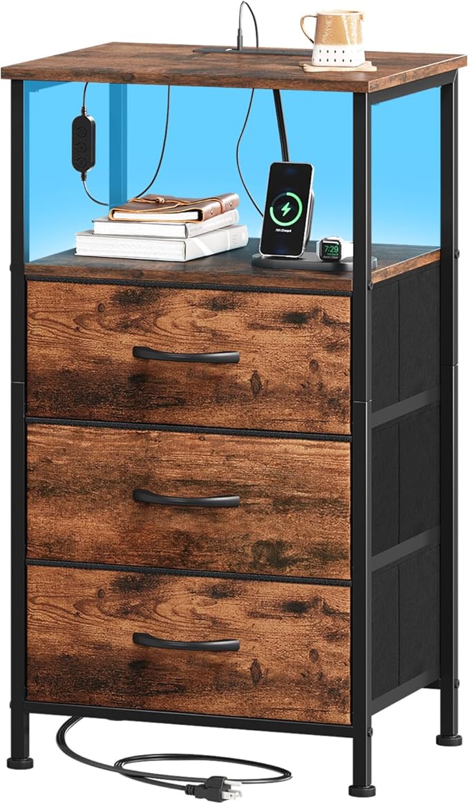 Somdot Tall Nightstand with 3 Drawers, Charging Station & LED Light | Fabric-Bin Dresser for Bedroom, Bedside, Kids Room, Dorm, Closet, Laundry and Entryway, Brown