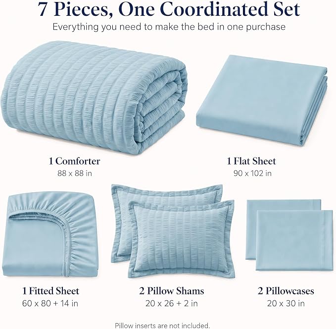 Queen Comforter Set, 7 Pieces Light Blue Seersucker Bed in a Bag | OEKO-TEX Certified, All Season Bedding Set with 240 GSM Down Alternative Comforter, Flat & Fitted Sheets, Pillowcases & Shams