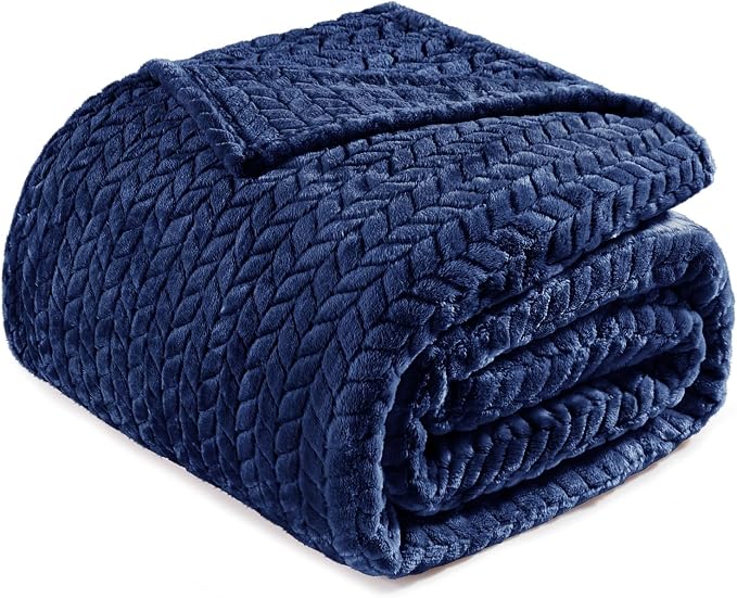Exclusivo Mezcla Soft Fleece Bed Blanket Queen Size, 90”x90”, Navy Blue | Cozy Fluffy Lightweight Blankets for Summer, Decorative Plush Flannel Throws for Living Room, Bedroom with Leaves Pattern