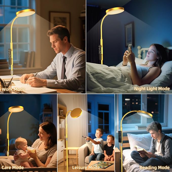 PACOVY Floor Lamp, Adjustable Height Floor Lamps for Living Room Bedroom, 120 LED Super Bright Standing Lamp Remote & Touch Control Dimmable Gooseneck Tall Stand Reading Lamp for Office Craft, Gold