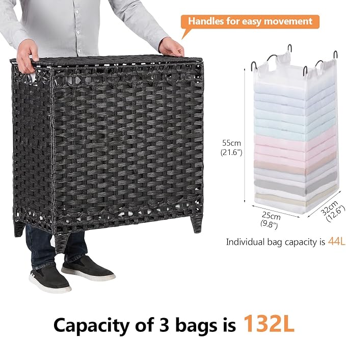 Laundry Hamper with 3 Removable Liner Bags, 132L Laundry Sorter with Lid | Raised Feet; Side Carry Handles; Handwoven PP Rattan; Rust-Resistant Iron Frame; Decorative Woven Design