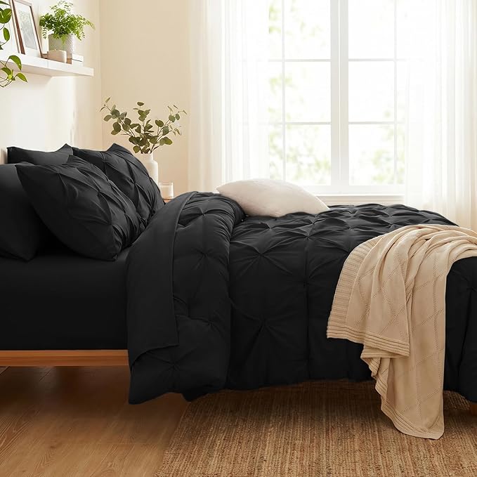 King Size Comforter Set Black, 7 Pieces Pintuck Bed in a Bag | OEKO-TEX 100 Certified, 240GSM All Season, Bedroom, Guest Room, Down-Alternative Comforter, Sheets, Pillowcases & Shams