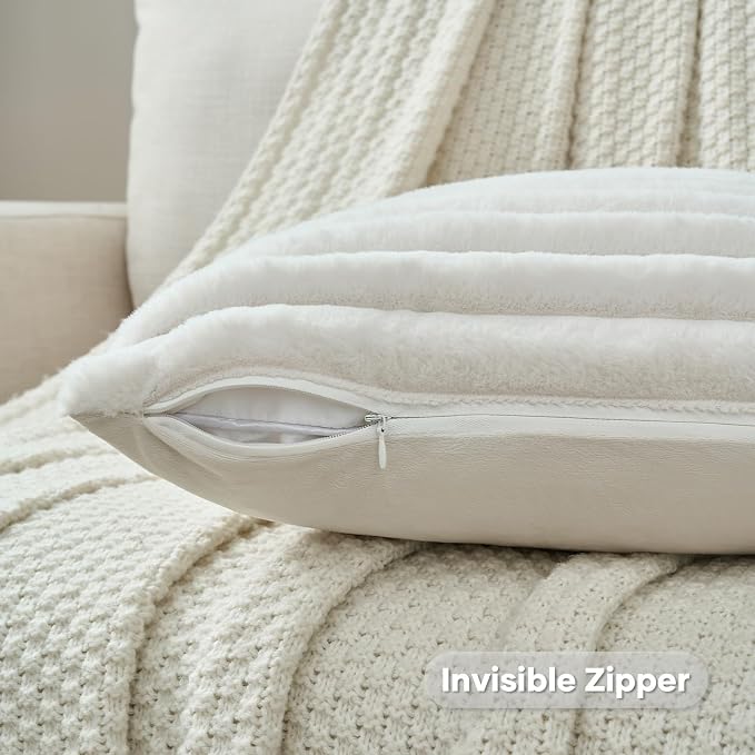 FUTEI Pack of 2 Faux Fur Throw Pillow Covers 20x20 Inch, Cream White | Fluffy Faux Rabbit Fur Front/Premium Velvet Back,Hidden Zipper,Machine Washable,Non-Shedding,Colorfast,Insert Not Included.