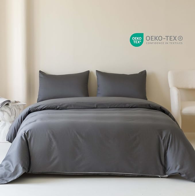 HeimenAogo Egyptian Cotton Duvet Cover Queen Size Sateen Weave, Silky Soft and Breathable Bedding Set with Zipper Closure, Long Staple Cotton Bed Linen Stormy Grey 3Pcs (90"×90")