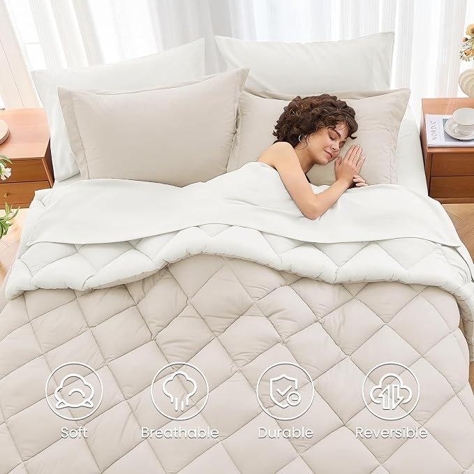 7 Pieces Queen Comforter Set, Reversible Bed in a Bag Queen Size, All Season Bedding Set with Comforter, Flat Sheet, Fitted Sheet, Pillowcases & Shams, Beige & White