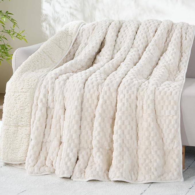 Drewin Weighted Blanket Queen Size 15lbs for Adults,Cream White,60" x 80" | Stress Relief & Better Sleep,Soft Jacquard Sherpa with Glass Beads,Machine Washable,Great for Napping,Relaxing,Reading