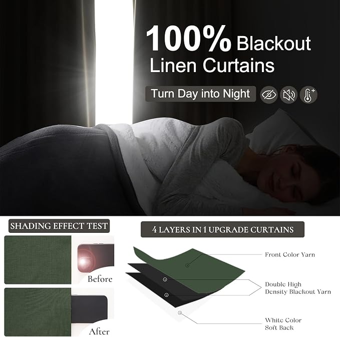 QJmydeco Privacy Curtains for Room Divider, Luxury Curtains for Living/Bedroom 100 Inch Long Dark Academia Olive Green Blackout Drapes Insulated Heavy Linen Burg for Track System(W50 xL100 2 Panels)
