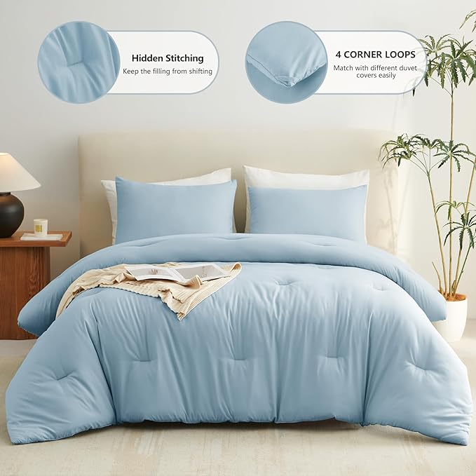 Twin Comforter Set, 2 Pieces Down Alternative Bedding, Light Blue | 270 GSM Twin XL College Dorm Comforter with 4 Corner Ties Use as a Duvet Insert, OEKO-TEX Certified, 1 Pillowcase, 68 x 88 in