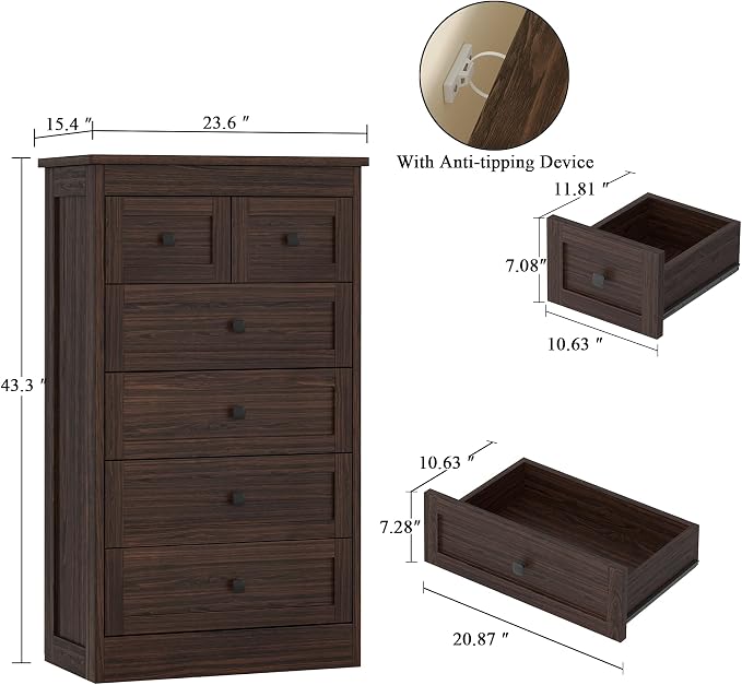 wanan Tall 6 Drawer Dresser for Bedroom, Walnut Modern 43.3'' Tall Wood Chest of Drawers, Storage Organizer with Smooth Metal Rails & Anti-Tip Kit for Closet, Hallway, Living Room