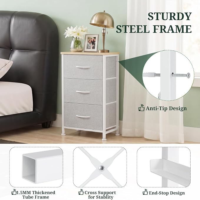 3 Drawers Dresser for Bedroom Fabric Storage Tower with Wooden Top | Steel Frame Chest of Drawers for Closet Entryway Dorm and Small Spaces, Light Gray