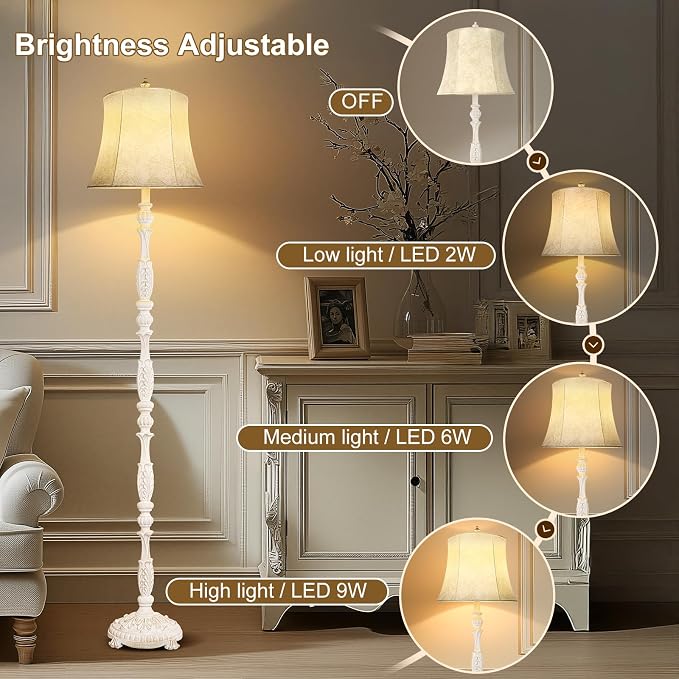 Scenekoy Rustic 66” Wash White Floor Lamp for Living Room Bedroom | Resin Carved Standing Lamp with Faux Leather Shade, Adjustable Bulb, Rotary Switch Rustic Lamp Decor for Home Room Office