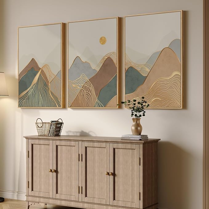 Large Framed Boho Modern Mountain Wall Art for Living Room, 3 Piece, 24x36 | Neutral, Landscape, Nature inspired, Minimalist, Bedroom decor, Home office, Hallway, Rustic, Earth tone, Canvas artwork