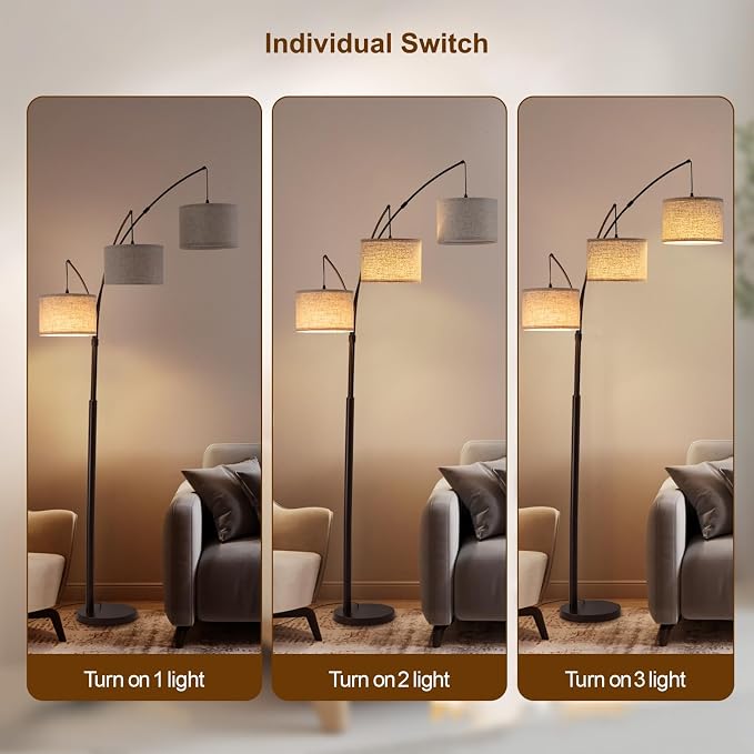 3 Light Arc Floor Lamps for Living Room, 2400LM Super Bright Floor Lamp with Remote Control, 80" Tall Floor Lamps with Stepless Dimmable, Mid Century Tree Floor Lamp for Bedroom, Office