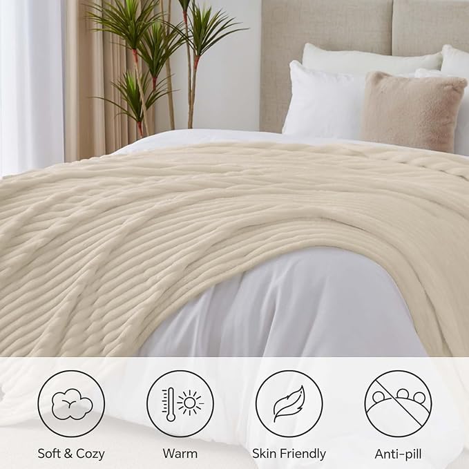 BEDELITE Ribbed Full Size Blanket for Bed, Beige, 84"x90" | Ultra-Soft Plush Fleece, Warm Yet Lightweight, Ribbed Texture, Home Decor, Machine Washable, Giftable, All-Season Use