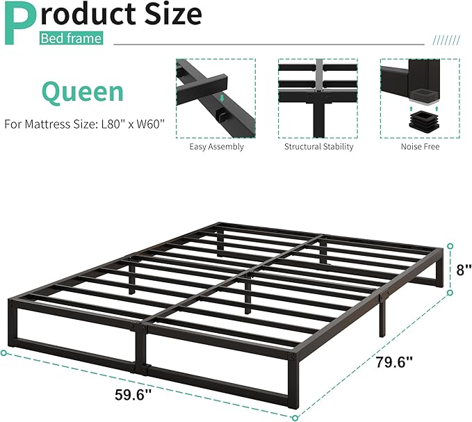 Lutown-Teen 8 Inch Queen Bed Frame with Heavy Duty Steel Slat Support | Sturdy Metal Queen Size Platform Bed Frame No Box Spring Needed, Easy Assembly, Black
