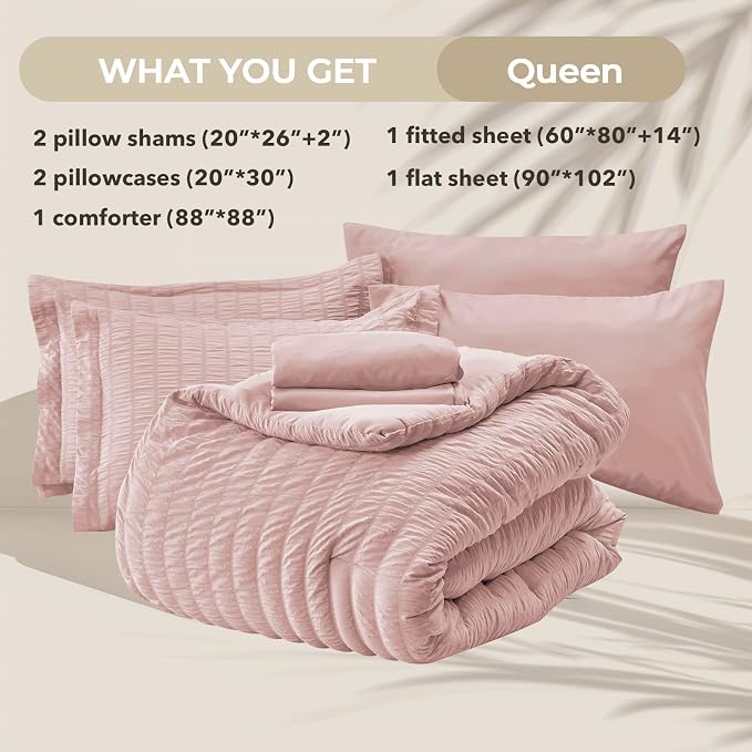 HYMOKEGE Rose Gold Queen Comforter Set Seersucker 7 Pieces, All Season Luxury Bed in a Bag for Bedroom, Bedding Set with Comforters, Sheets, Pillowcases & Shams