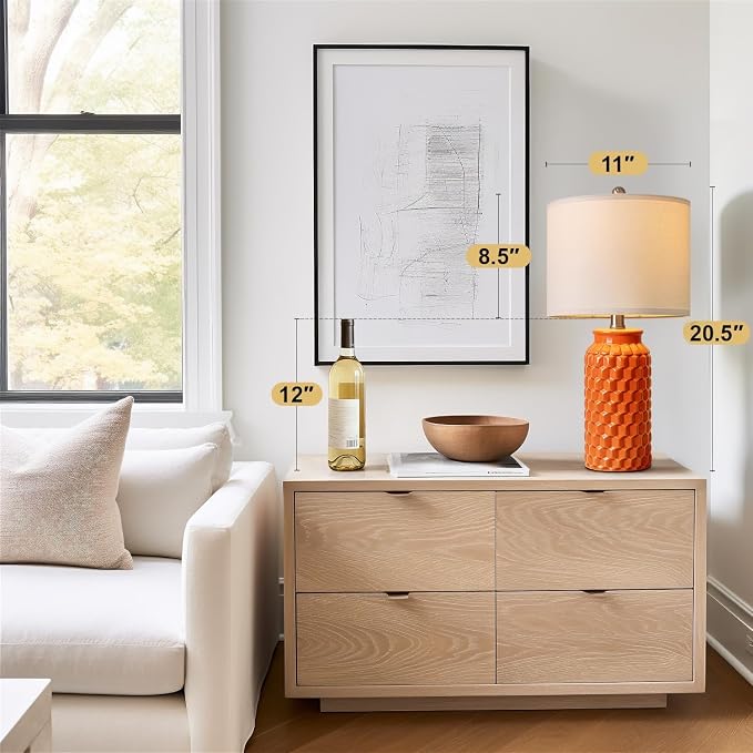 USumkky 20.5" Ceramic Table Lamps Set of 2, Modern Farmhouse Boho Bedside Lamps for Bedroom, Nightstand Lamps for Living Room End Tables, Small Desk Lamps, Orange