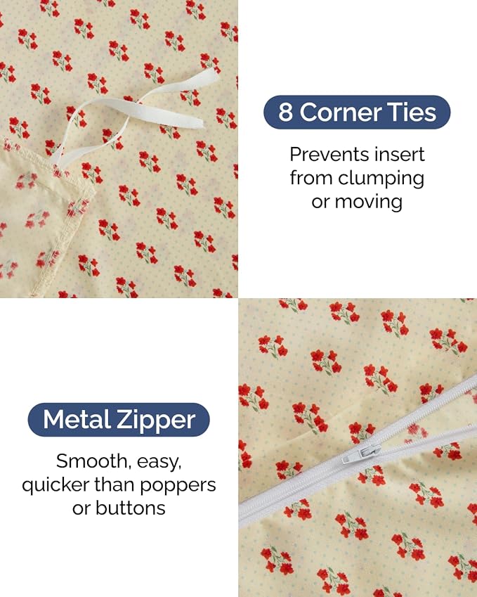 Duvet Cover Full - Floral Duvet Cover - 3 Piece - Vintage Red Floral | Soft Floral Duvet Cover 80 x 90 with 2 Pillow Shams, Zipper Closures & Ties, Floral Bedding for Women, Men, Kids & Teens