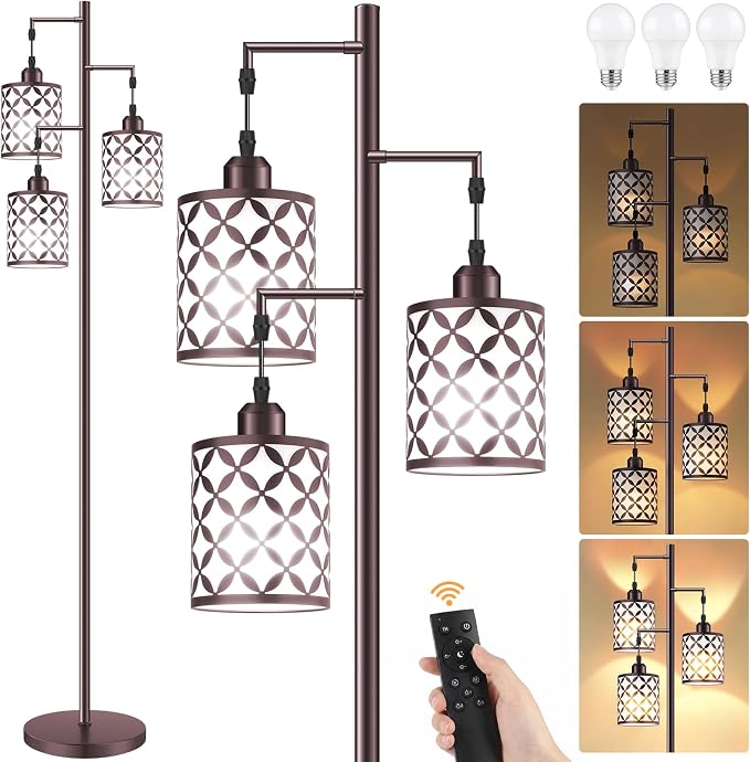 72" Dimmable Floor Lamp with Remote & Timer, Industrial Farmhouse Rustic Standing Lamp for Living Room Bedroom, 3 Individually Controlled Heads, 2 Height Options, 3 x LED Bulbs Included