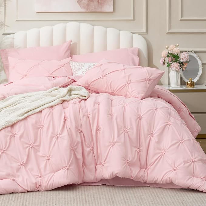 BEDELITE King Comforter Set Baby Pink,Lightweight & Soft Comforter | 7 Pc Boho Bed in a Bag,Warm & Cute Bed Set for All Season,Includes Comforter,Flat & Fitted Sheets,2 Pillowcases & 2 Shams