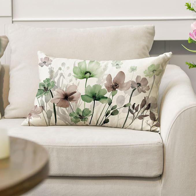 AVOIN colorlife Poppy Flowers Fall Spring Throw Pillow Cover 12x20 Inch | Chinoiserie Sage Green Brown Seasonal Leaves Cushion Case Decoration for Sofa Couch Farmhouse