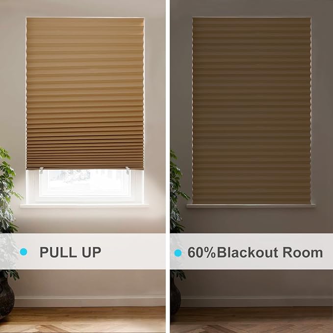 MYshade 6 Pack Temporary Blackout Paper Shades for Windows,Paper Pleated Blinds with Adhesive,No Tools No Drilling Free Cut Size Temporary Room Darkening Shades(Brown, 48" W x 72" H)