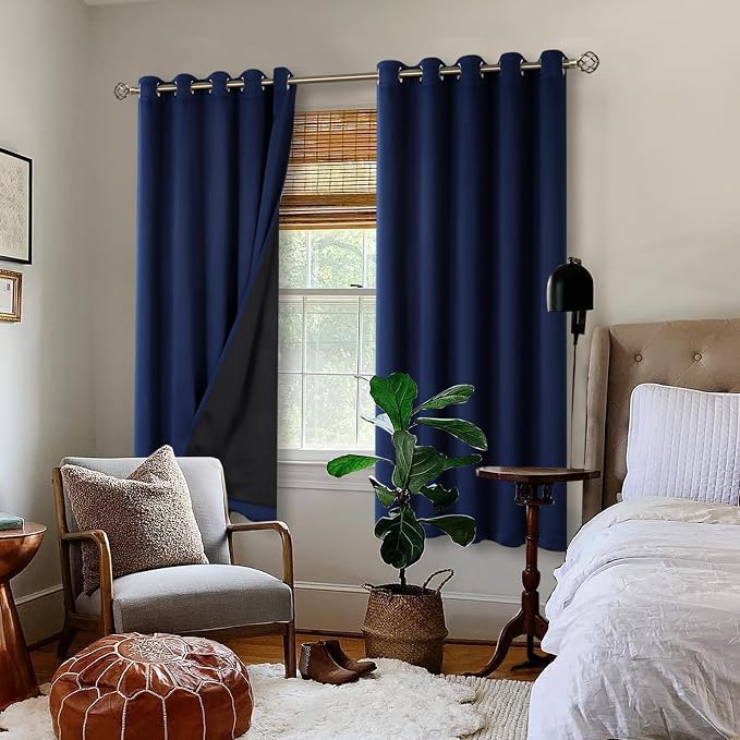 BGment Thermal Insulated 100% Blackout Curtains for Bedroom with Black Liner, Double Layer Full Room Darkening Noise Reducing Grommet Curtain (60 x 63 Inch, Navy Blue, 2 Panels)