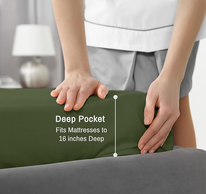 RUVANTI 100% Cotton Percale Sheets Queen Size, Chive | Crisp Cooling, Deep Pocket 16", Soft Breathable & Durable, Hotel-Style, 4 Piece Set