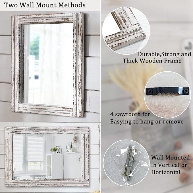 AAZZKANG Large Wall Mirrors with Rustic Wood Framed 28"x20" Rectangle | Decorative Farmhouse Bedroom Bathroom Living Room Entryway