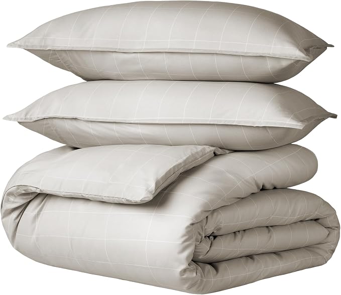 Bare Home Duvet Cover Set 1800 Ultra-Soft (Queen, Grid – Stone/White) | Lightweight, Cooling, Breathable, Premium 1800 Ultra-Soft, All-Season