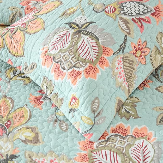 Wistown Cotton Bedspread Bedding Coverlet Quilt Sets, Reversible Vintage Branch Floral Bedspread comforters, (Vintage Floral Blue Pattern, Queen Size)