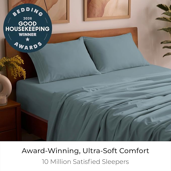 Mellanni Iconic 4-Piece, Ultra Soft Sheet Set (Queen, Spa Blue) | 10M+ Sleepers. Lab-tested: Sleeps Cool, Stays Bright, Strong, Smooth. Good Housekeeping Best Bedding, 7 yrs running.