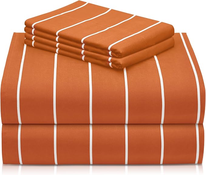 Queen Size Striped Sheets, Deep Pocket Soft & Cooling Bed Sheet Set, 4PC | LuxClub Silky Fitted Sheet & Pillowcase Sets, Breathable Hotel Luxury Bedding for Mattress Wrinkle Free, Autumn Orange