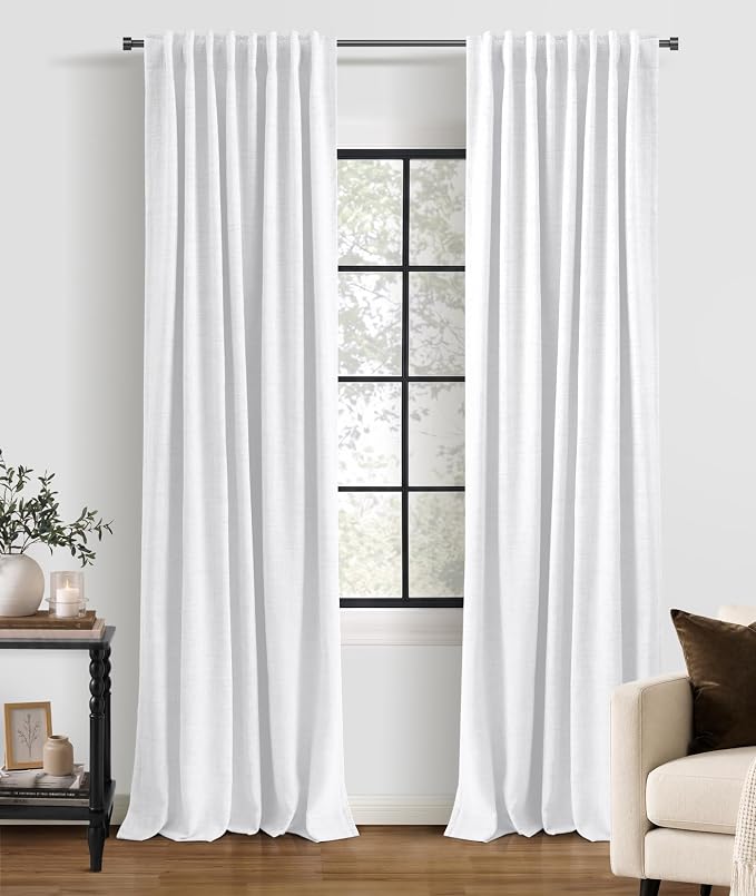 INOVADAY 100% Blackout Linen Curtains for Bedroom 50x96 Inches Bright White | Linen Textured, Light Blocking, Room Darkening, Thermal Insulated, Back Tab Top, Window Curtains for Living Room, 2 Panels