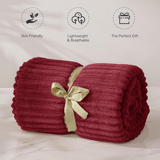 BEDELITE Ribbed Jacquard Burgundy Fleece Twin Blanket for Couch, 60x80 Inch | Soft Warm Fluffy Blanket for Bed Sofa College Dorm Room Decor, Luxury Cozy Plush Birthday Gifts for Women Girls, Lightweight