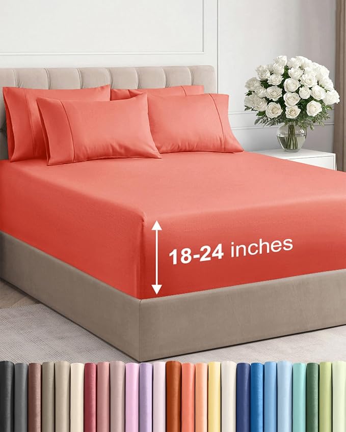 Extra Deep King Sheet Set - 6 Piece Breathable and Cooling Sheets - Coral | Hotel Luxury Bed Sheets Set, Easy & Secure Fit, Ultra-Soft, Wrinkle & Fade Free, Comfy Sheets Set with Extra Deep Pockets