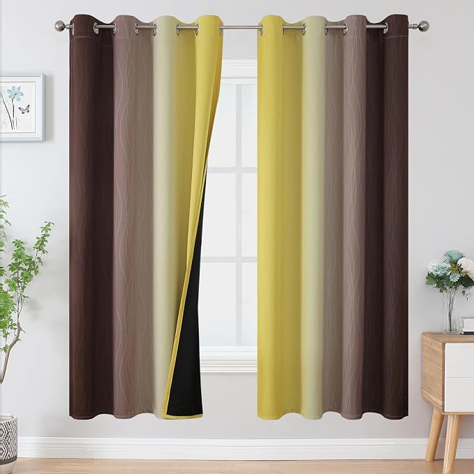 Brown and Yellow Blackout Curtains 52Wx72L Inch 2 Panels | Thermal Insulated Ombre Drapes for Bedroom 72 Inch Long,Room Darkening,Energy Saving,Grommet Curtains for Living Room