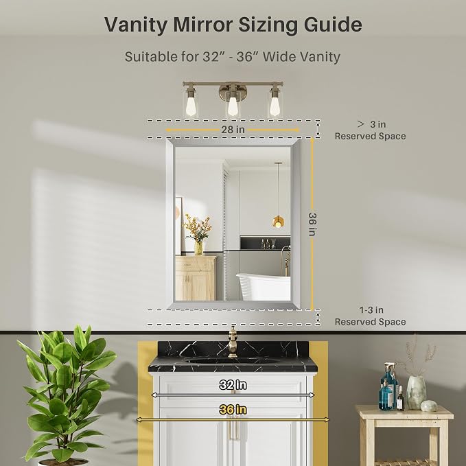 Bathroom Wall Mirror, Silver Brushed Nickel Metal Frame, 28x36 Inch | Anti-rust, HD tempered glass, for bathroom vanity, bedroom, living room, horizontal or vertical mount