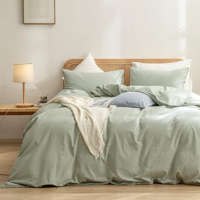 BESTOUCH Cotton Solid Duvet Cover Set Linen Feel Sage Green Queen | 100% Washed Cotton, Soft Wrinkle Texture, Hidden Zipper, 8 Ties, Breathable Lightweight Durable Comfy, 3 Pcs No Insert