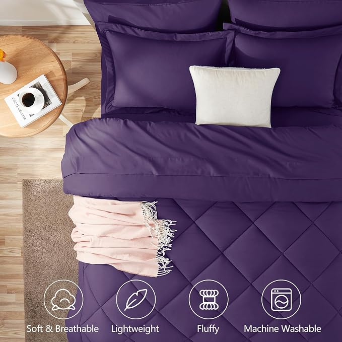 Queen Comforter Set with Sheets Purple - 7 Pieces Bed in a Bag | OEKO-TEX Certified, All Season, 240GSM Down-Alternative Comforter, Sheets, Pillowcases & Shams, 14" Deep Pocket, Easy Care