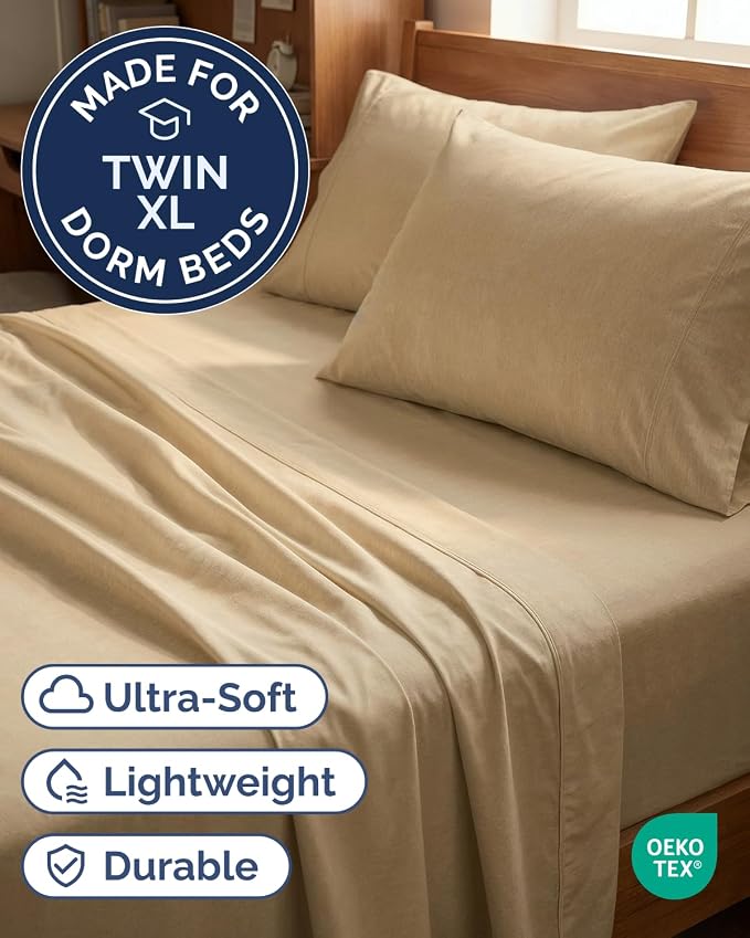 Twin XL 4 Piece Sheet Set - College Dorm Room Essentials - Heathered Tan | Ultra Soft Dorm Bedding Set, 8" to 16" Inch Deep Pockets, 1 Flat & 1 Fitted Sheet & 2 Pillowcases, Wrinkle & Fade Free