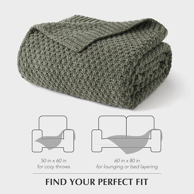 EVERGRACEHOME Chunky Chenille Knit Throw Blanket, 50x60, Dried Thyme Green | Sculpted Moss Stitch, Chic Modern Farmhouse, All-Season Warmth, OEKO-TEX® Certified, Elegant Blanket for Couch, Bed, Sofa
