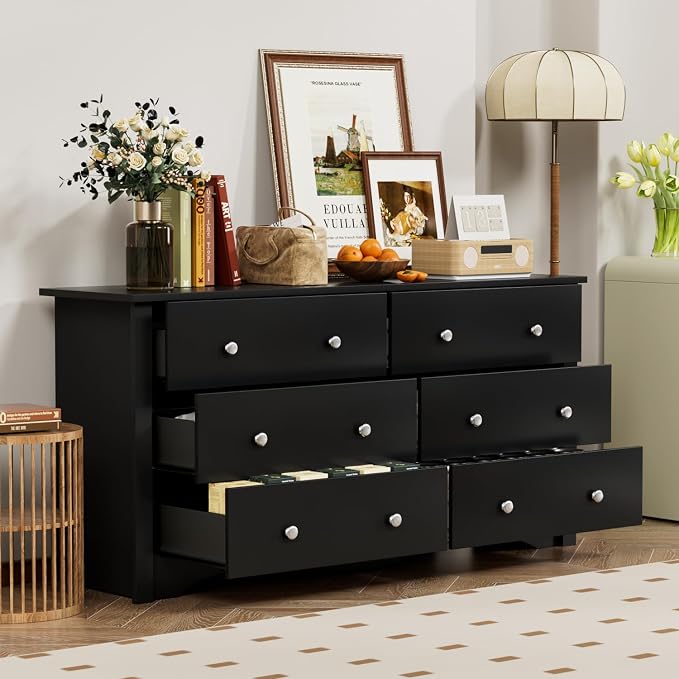 YESHOMY Black Dresser for Bedroom with 6 Drawer, 47.2" Organizer Drawers | Space Saving, Modern Design, Anti-Tip, TV Stand for Living Room, Hallway