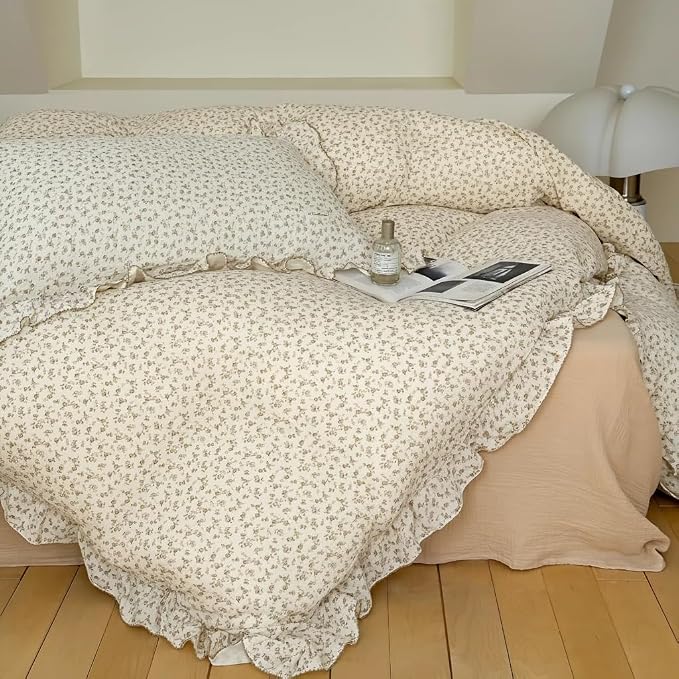 Cottage Camellia Print Duvet Cover King, Double-Layer Cotton Muslin Comforter Cover Floral Design Vintage Bedding Quilt Cover with Ruffles,90"x104", No Pillow, Machine Wash