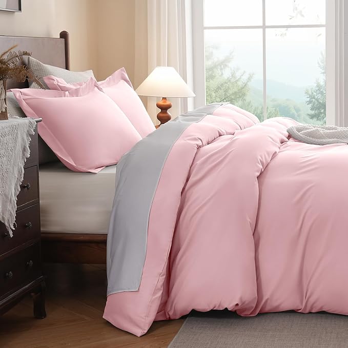 FreshCulture Duvet Cover Full Size - 3 Pieces Microfiber Duvet Cover Set with Zipper Closure - Lightweight & Easy Care - 1 Comforter Cover & 2 Pillow Shams - Comforter Not Included (Pink)
